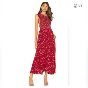 Free People Butterflies Smocked Midi Dress in Red Polka Dot